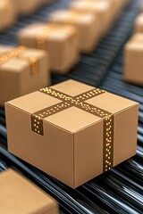 Brown Cardboard Box with Golden Tape on Conveyor Belt