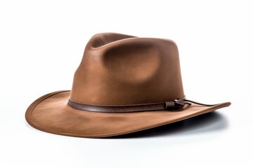Brown felt fedora hat with a leather band resting on a pure white background