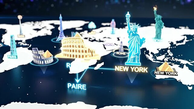 A digital map featuring iconic global landmarks and cities.