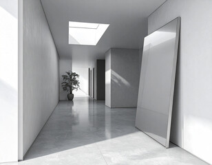 Modern minimalist hallway with skylight and large leaning mirror, clean architectural design