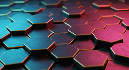 Abstract arrangement of hexagonal block, showcasing a geometric pattern in blue and red gradient light, representing modern technology and design