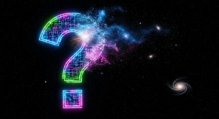 Neon question mark with grid, in a starry space with galaxy clouds. Concept of uncertainty, knowledge, or futuristic technology, against cosmic backdrop