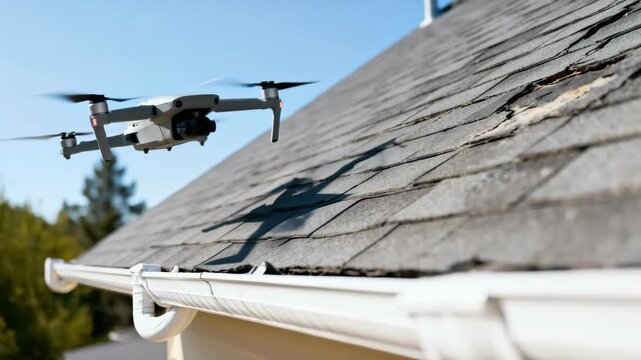 Medium shot showcasing a drone flying close to a sloped roof inspecting the shingles for damage and wear.