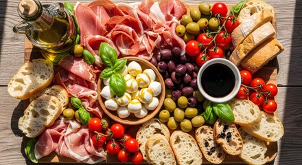 Gourmet charcuterie board with cured meats cheeses olives and bread