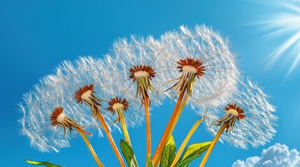 Fototapeta premium Majestic Dandelions Against Blue Sky with Bright Sunlight