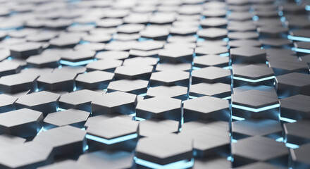 Abstract array of hexagonal shapes in gray tones with subtle blue light emanating from beneath, representing futuristic technology or structure