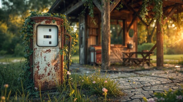 Vecchia pompa di benzina arrugginita invasa dall&rsquo;edera davanti a capanno di legno al tramonto. Generative AI