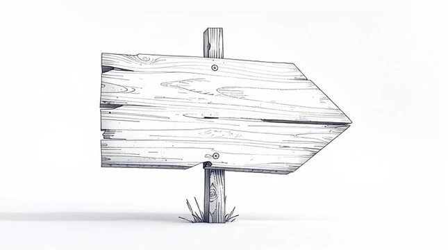 A charming hand-drawn sketch features a rustic wooden directional signpost with a clear arrow pointing right, isolated against a clean white background, ready for text.