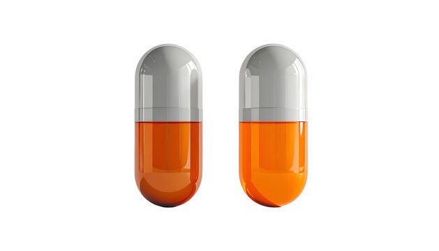 Two capsules stand upright, each with a silver cap and orange body, against a black background