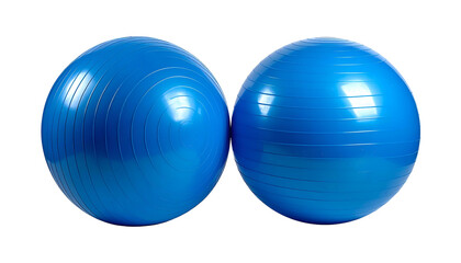 Two bright blue exercise balls, side-by-side, against a stark black background