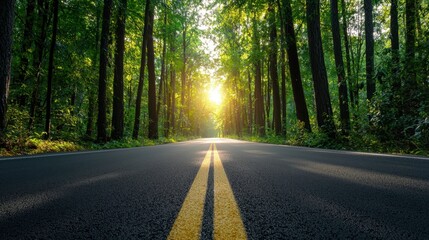 Obraz premium Serene Road Through Lush Green Forest with Sunlight Rays Above