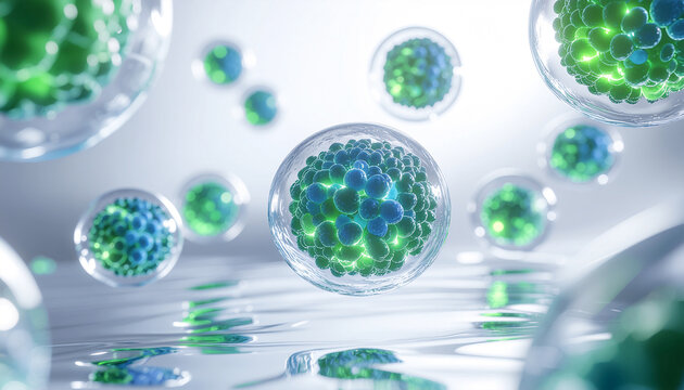 透明なカプセル内で輝く緑の細胞イメージ　マイクロバイオーム/幹細胞/美容成分の先端サイエンス背景、清潔感のある3Dレンダー / Glowing green cells in transparent capsules, advanced biotech microbiome stem cell concept, clean futuristic 3D render background