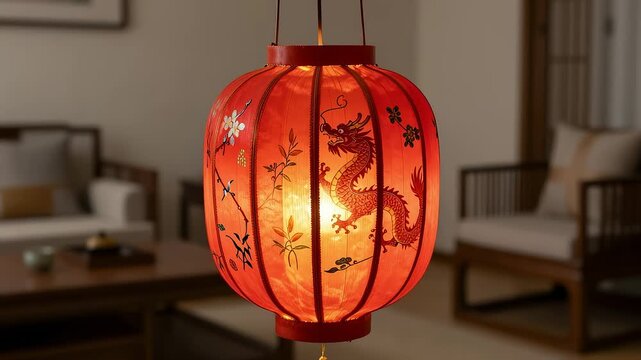 Traditional red dragon lantern hanging in cozy Chinese interior
