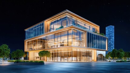 Fototapeta premium Modern Architectural Building with Glass Facade at Night