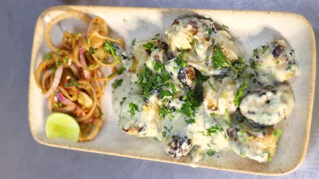 Soya malai chaap in a restaurant served with sliced onions 