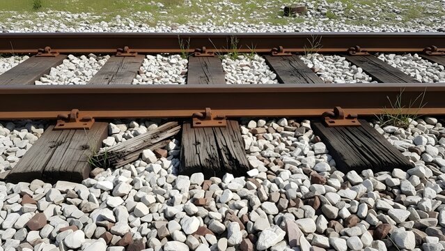 Close up of rusty railway tracks with weathered wooden ties and white gravel ballast train tracks rusty rails