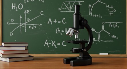 black microscope on wooden desk in front of green chalkboard with formulas and stack of books