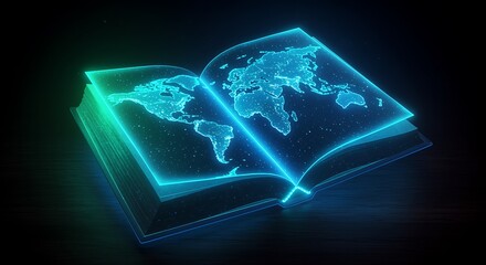 Glowing digital book with world map on pages  futuristic education concept
