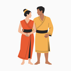 Traditional Asian Couple in Cultural Dress, Heritage Love and Relationship Vector Illustration