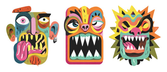 Vibrant and Witty 3D Illustration of Colorful Masks with Bold Edges and Expressions