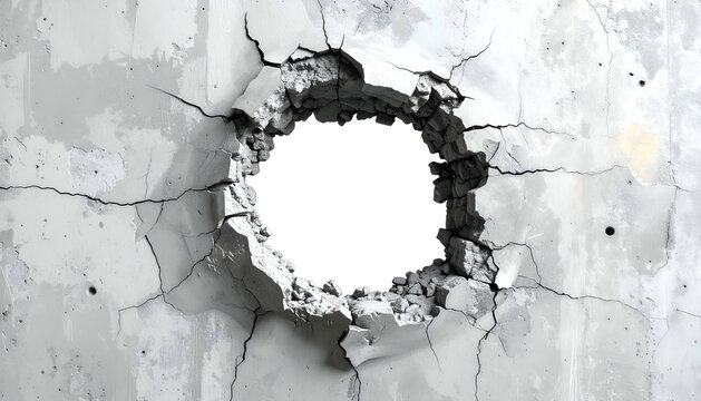 Close-up of a damaged wall, with a large, black, circular hole and cracks radiating out