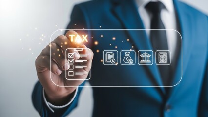Businessman interacting with digital tax interface for financial planning