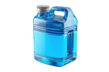 Plastic jerrycan container with top handle and screw cap, transparent body showing blue cleaning liquid level, molded edges, subtle plastic sheen and product packaging detail isolated on transparent b