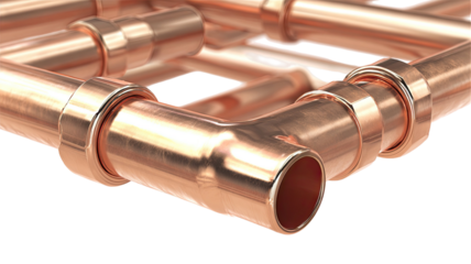 An antique brass spyglass and vintage copper pipe fittings with a metal wrench are isolated on white like a retro golden tool or an old monocular object