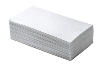 Neat stack of white paper sheets or napkins with aligned rectangular edges, subtle thickness layers, clean matte surface and crisp minimal stationery look isolated on transparent background.