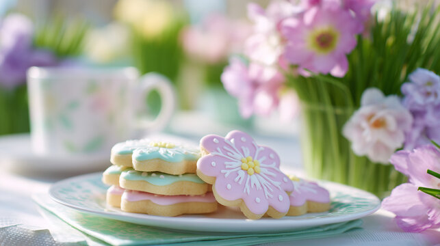 Delightful cookies on floral plate with pink and blue icing surrounded by beautiful flowers and a cup. Cookies feature vibrant colors and charming flower shapes,