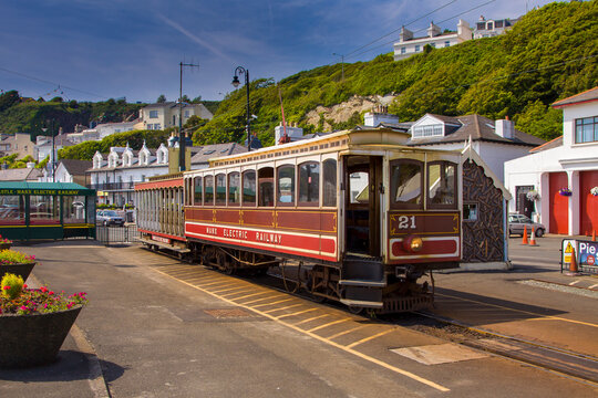 Manx electric railway train at Derby castle terminus. Douglas, Isle of Man, UK