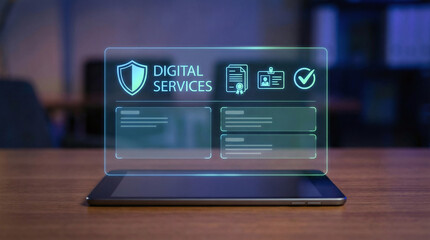 Tablet screen with digital services interface including icons for security, identification, and certification