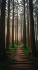 Fototapeta premium Wooden path through towering trees in a serene forest landscape nature scene