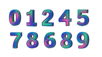 Set of 10 Colorful 3D Gradient Numbers 0-9 Isolated on White