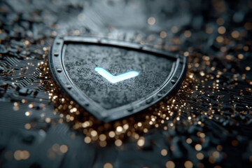 A futuristic cybersecurity symbol in the form of a metal shield with an illuminated check mark, set against a highly detailed printed circuit board.  