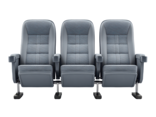 Row of connected gray cinema theater seats with padded backs, shared armrests, visible metal frame parts and clean upholstery texture isolated on transparent background.