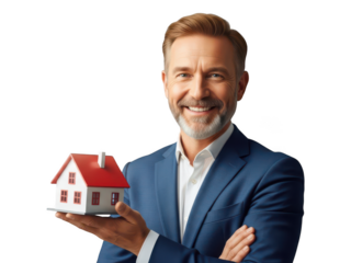 Successful mature male real estate agent in navy blue suit holding model house in his hand smiling