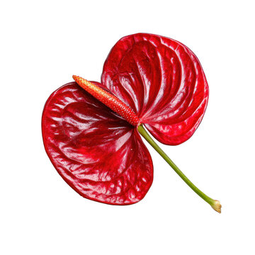 Red anthurium flower with glossy heart shaped spathe, protruding pale spadix, short green stem and smooth waxy petal texture isolated on transparent background.