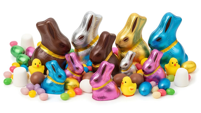 Easter Delights: A colorful assortment of chocolate bunnies and festive candies creates a delightful Easter display, embodying the sweetness and joy of the holiday.