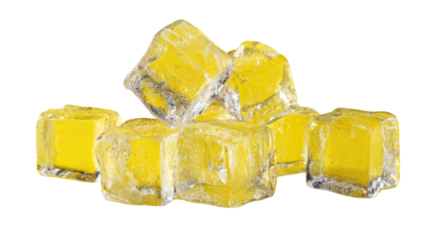 Clear transparent frozen ice cubes with fresh water drops and orange reflections isolated on a cool white background for a cold drink refreshment