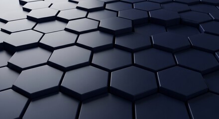 Array of dark blue hexagonal shapes arranged in a pattern, creating a modern, geometric texture, representing complexity, structure, and interconnection