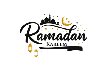 Ramadan Kareem black lettering with golden crescent moon, mosque skyline and hanging lanterns, elegant Islamic greeting template isolated on the white background