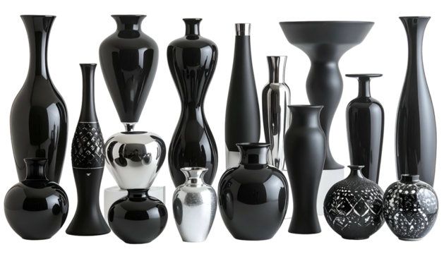 Array of elegant vases in varying shapes and finishes. Some black, others silver, all glossy - Powered by Adobe