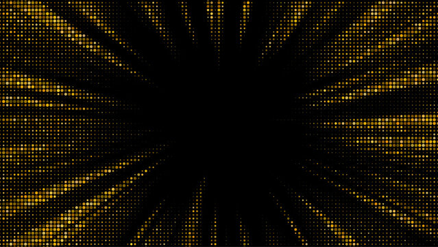 Radiant gold sunburst with halftone dots exploding outward, featuring shimmering glitter particles and luminous rays in elegant vector pattern with festive glow effect