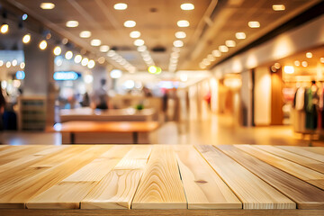 Clean Wooden Surface with Modern Store Background.