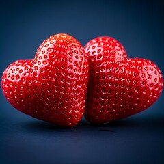Three red heartshaped strawberries arranged closely together against a dark background