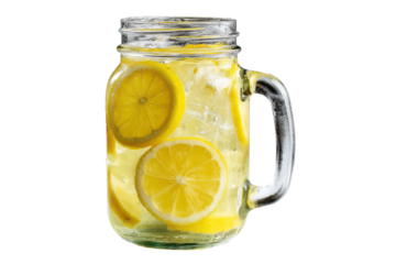 Mason jar handle mug filled with light yellow lemonade, visible lemon slices inside, clear glass reflections, condensation droplets and fresh summer drink feel isolated on transparent background.