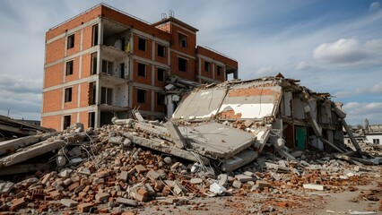 Collapsed red brick building with rubble and exposed floors against blue sky