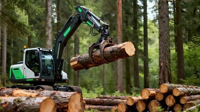 Sustainable forestry work captured in a medium shot featuring an electric loader lifting logs among dense trees emphasizing ecofriendly logging practices.
