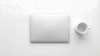 Minimalist top view of a closed silver laptop and a white coffee mug on a clean white desk. Professional workspace setup with ample copy space for office, business, or remote work concepts.